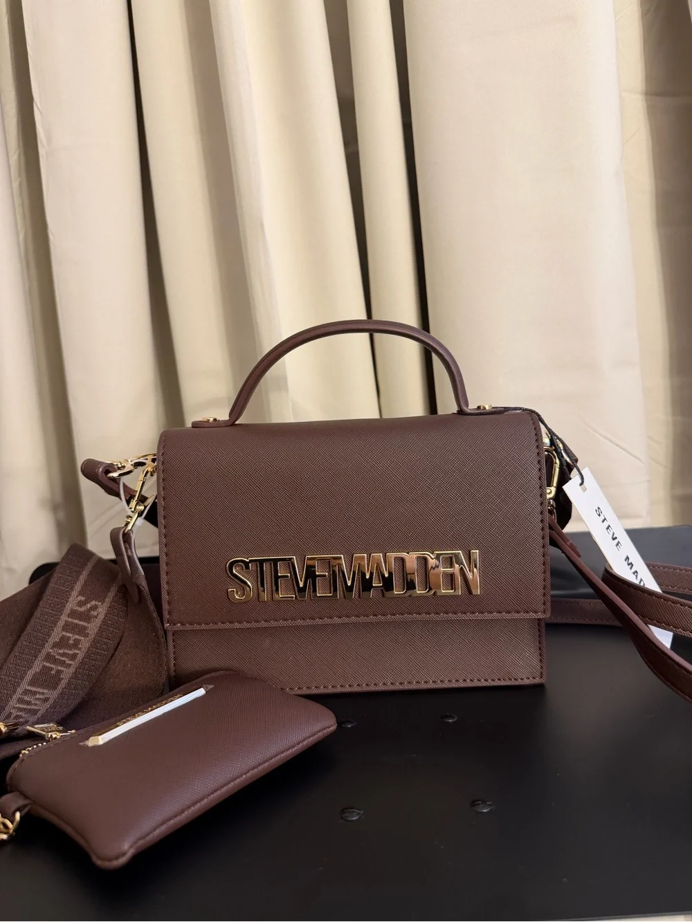 Steve Madden Brown Saffiano Top-Handle Satchel with Gold Logo